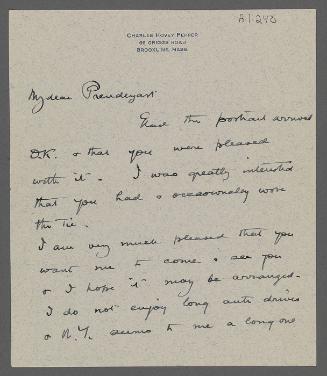Letter from Charles Hovey Pepper to Charles Prendergast (66 Griggs Road, Brookline, Mass.)