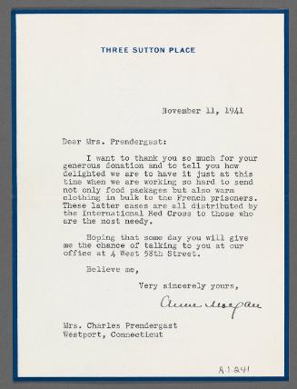 Letter from Anne Morgan [illegible?] to Eugénie Prendergast (Three Sutton Place, New York City)