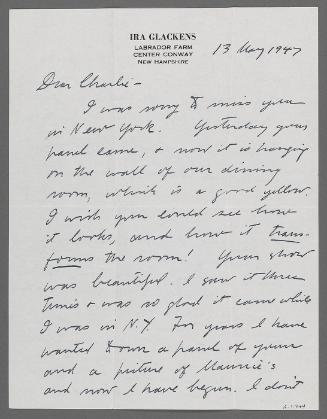 Letter from Ira Glackens to Charles Prendergast (Labrador Farm/ Center Conway/ New Hampshire)