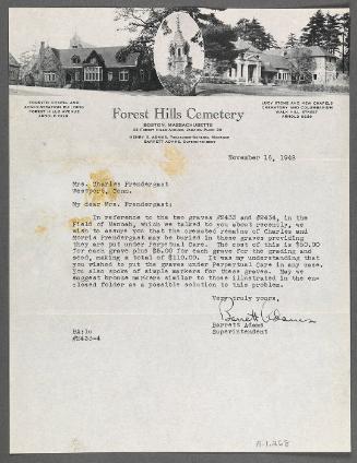 Letter from Forest Hills Cemetary to Eugénie Prendergast