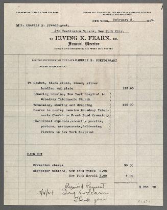 Bill for Maurice Prendergast's funeral