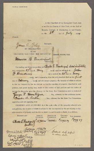 Court Document fixing Estate Tax on the Estate of Maurice Prendergast