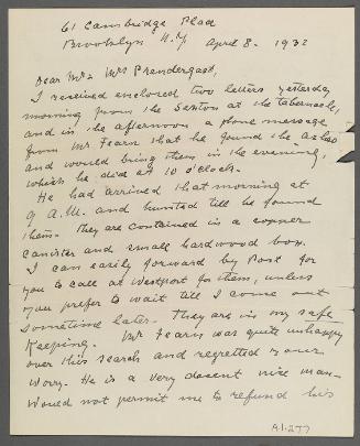 Letter from Justine C. Recter to Charles and Eugénie Prendergast