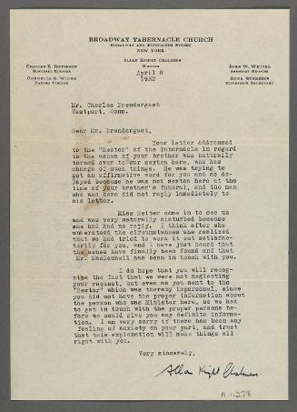 Letter to Eugénie Prendergast from Broadway Tabernacle Church
