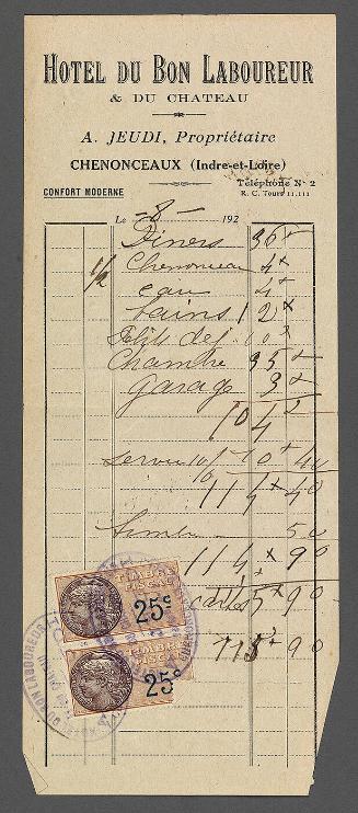 Receipt from Hotel du bon Laboureur--Chenonceaux