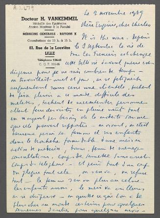 Letter with Envelope from Dr. H. Vankemmel to Eugénie and Charles Prendergast