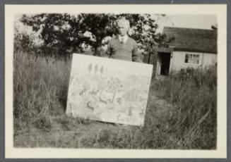 Charles Prendergast's "Hilltown"; Charles Prendergast holding "Hilltown"