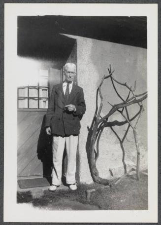 Series including Charles Prendergast and Antoinette Maynard at Crooked Mile Road on Antoinette's 16th birthday; Charles Prendergast standing outside house