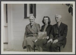 Series at Crooked Mile Road, Westport, CT including M.D.C. Crawford, Antoinette Maynard, and Charles Prendergast; (L to R) Eugénie Prendergast, Antoinette Maynard, Charles Prendergast in front of house