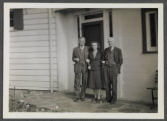 Series at Crooked Mile Road, Westport, CT including M.D.C. Crawford, Antoinette Maynard, and Charles Prendergast; (L to R) M.D.C. Crawford, Antoinette Maynard, Charles Prendergast in front of house