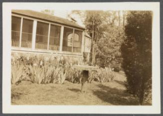 Series of gardens at Crooked Mile Road, Westport, CT including bird bath created by Charles Prendergast; porch and garden