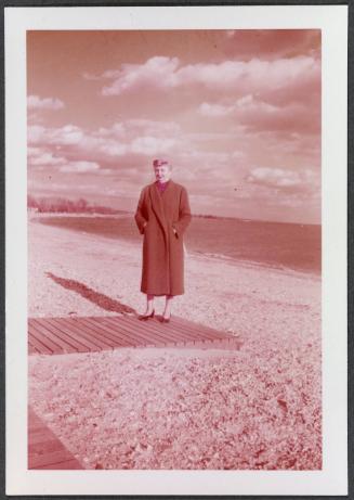 Thanksgiving 1956, Eugénie Prendergast on beach on Long Island Sound