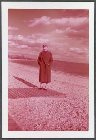 Thanksgiving 1956, Eugénie Prendergast on beach on Long Island Sound