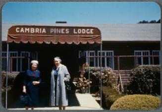 Eugénie Prendergast vacationing with friends; Eugénie Prendergast in front of Cambria Pines Lodge with a friend