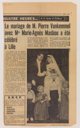 Newspaper clipping announcing marriage of Pierre Van Kemmel (son of Eugénie Prendergast's cousin, Henri) to Marie-Agnes Mastou