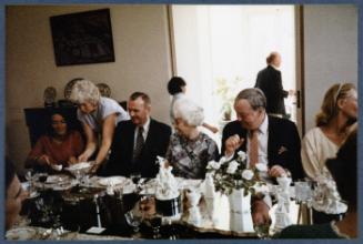 Eugénie Prendergast's 90th birthday party; Eugénie Prendergast seated at table with friends