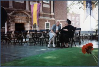 Eugénie Prendergast receiving her honorary degree at 1985 Williams College Commencement ceremony including friends and college officials; (L to R) Cathy Genvert, Eugénie Prendergast