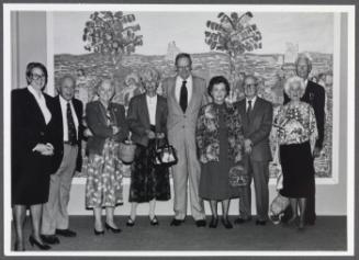 Friends of Eugénie Prendergast at Williams College Museum of Art in front of Maurice Prendergast Plate "Promenade"; (L to R) Nancy Matthews, Mr. and Mrs. Genvert, Mrs. John Boyd, John Boyd, Antoinette Maynard, Paul Maynard, Mr. and Mrs. Brumbaugh