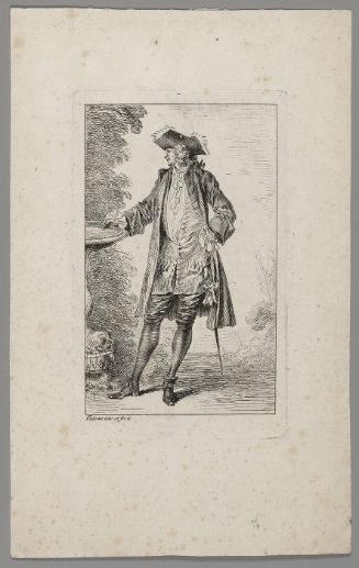 Standing man with his right hand resting on a basin (from "Figures of Fashion")