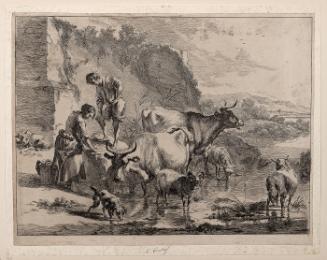 Two Peasants with Cows, Sheep, and Dog Drinking