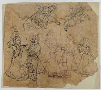Preliminary artist study of five figures, an elephant rider, and a horse rider