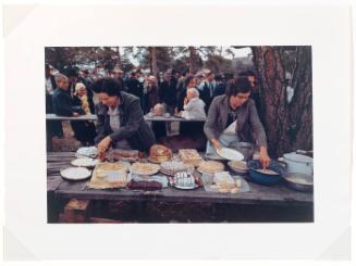 Cutting the pies and cakes at the barbeque dinner, Pie Town, New Mexico Fair