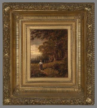 Title unknown [woman walking on path in landscape holding basket]