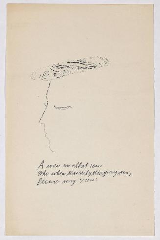 "A Is An Alphabet" [New York, 1953].  Page 1 of 26 unbound pages, laid into Warhol's labeled wrappers, litho-offset.