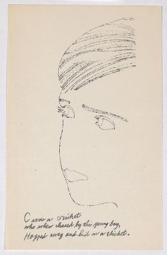 "A Is An Alphabet" [New York, 1953].  Page 3 of 26 unbound pages, laid into Warhol's labeled wrappers, litho-offset.