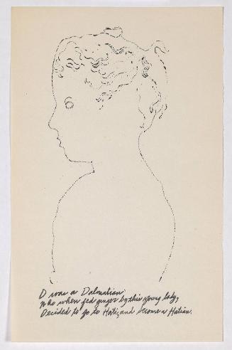 "A Is An Alphabet" [New York, 1953].  Page 4 of 26 unbound pages, laid into Warhol's labeled wrappers, litho-offset.