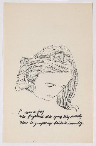 "A Is An Alphabet" [New York, 1953].  Page 6 of 26 unbound pages, laid into Warhol's labeled wrappers, litho-offset.
