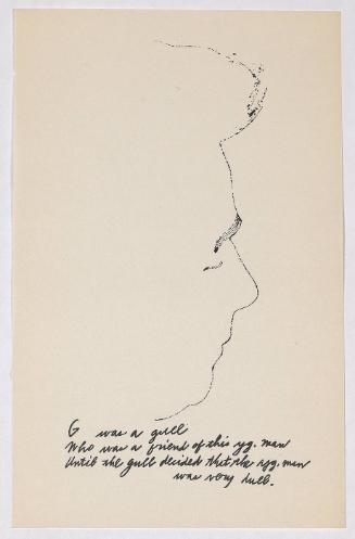 "A Is An Alphabet" [New York, 1953].  Page 7 of 26 unbound pages, laid into Warhol's labeled wrappers, litho-offset.