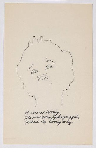 "A Is An Alphabet" [New York, 1953].  Page 8 of 26 unbound pages, laid into Warhol's labeled wrappers, litho-offset.