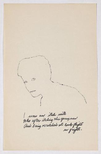 "A Is An Alphabet" [New York, 1953].  Page 9 of 26 unbound pages, laid into Warhol's labeled wrappers, litho-offset.