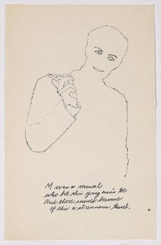"A Is An Alphabet" [New York, 1953].  Page 13 of 26 unbound pages, laid into Warhol's labeled wrappers, litho-offset.