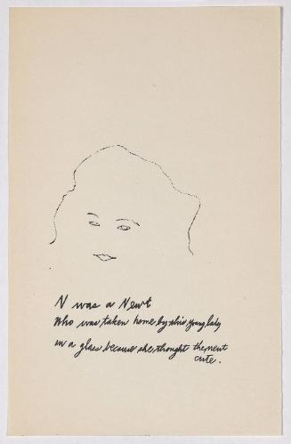 "A Is An Alphabet" [New York, 1953].  Page 14 of 26 unbound pages, laid into Warhol's labeled wrappers, litho-offset.