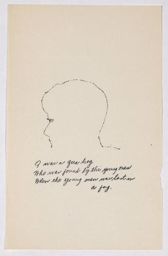 "A Is An Alphabet" [New York, 1953].  Page 17 of 26 unbound pages, laid into Warhol's labeled wrappers, litho-offset.
