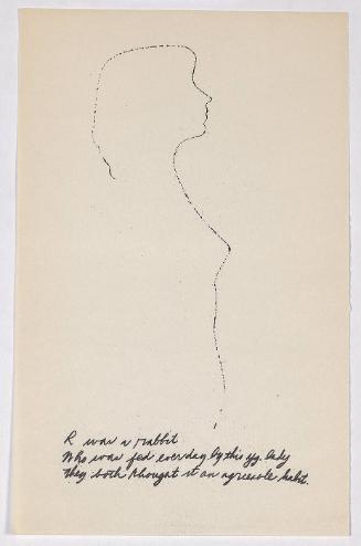 "A Is An Alphabet" [New York, 1953].  Page 18 of 26 unbound pages, laid into Warhol's labeled wrappers, litho-offset.