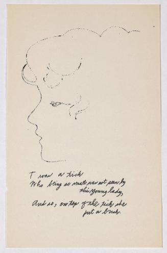 "A Is An Alphabet" [New York, 1953].  Page 20 of 26 unbound pages, laid into Warhol's labeled wrappers, litho-offset.