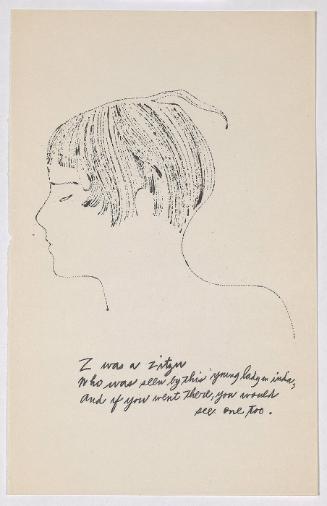 "A Is An Alphabet" [New York, 1953].  Page 26 of 26 unbound pages, laid into Warhol's labeled wrappers, litho-offset.