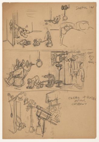 Invention without title drawn in three registers: "Sneak in...", "Get rid of...", "Clean up glasses after company"