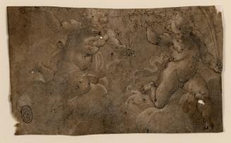 Two putti on clouds, each holding a wreath and a palm